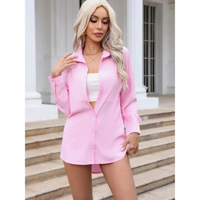 Women Long Sleeve Boyfriend Midi Long OL Shirt Elegant Solid Chiffon Blouse Korean Harajuku Polo Neck Slim Tunic Oversize Tops