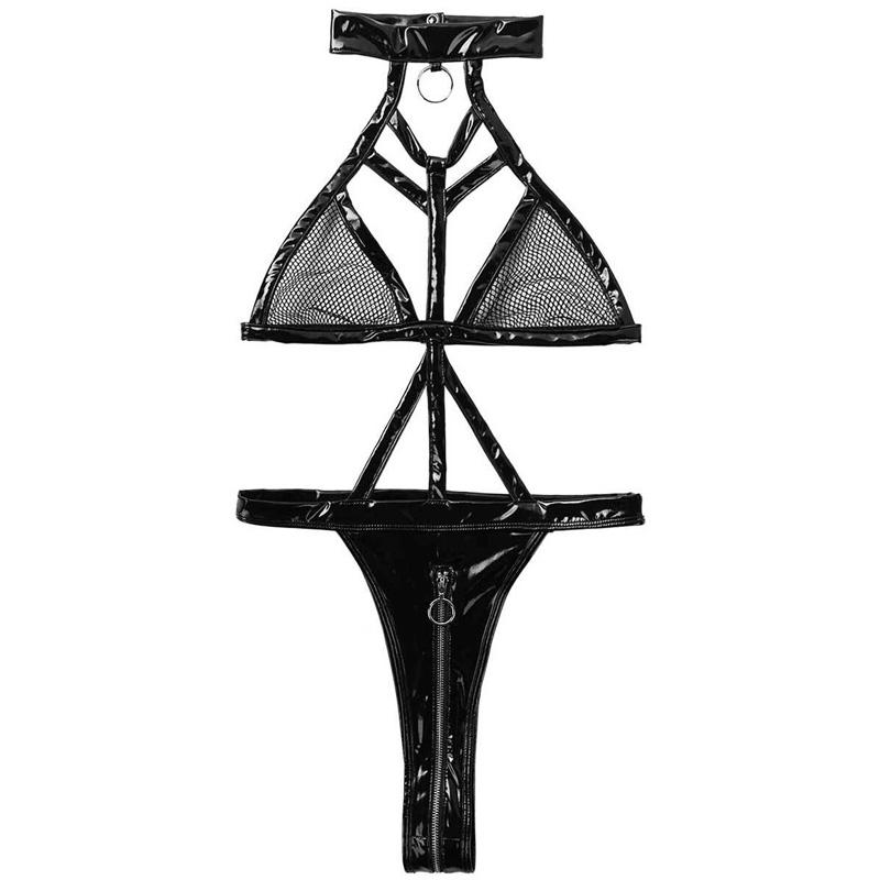 Sexy Mesh Faux Leather Cutout Zipper One-piece Bikini Sexy Underwear