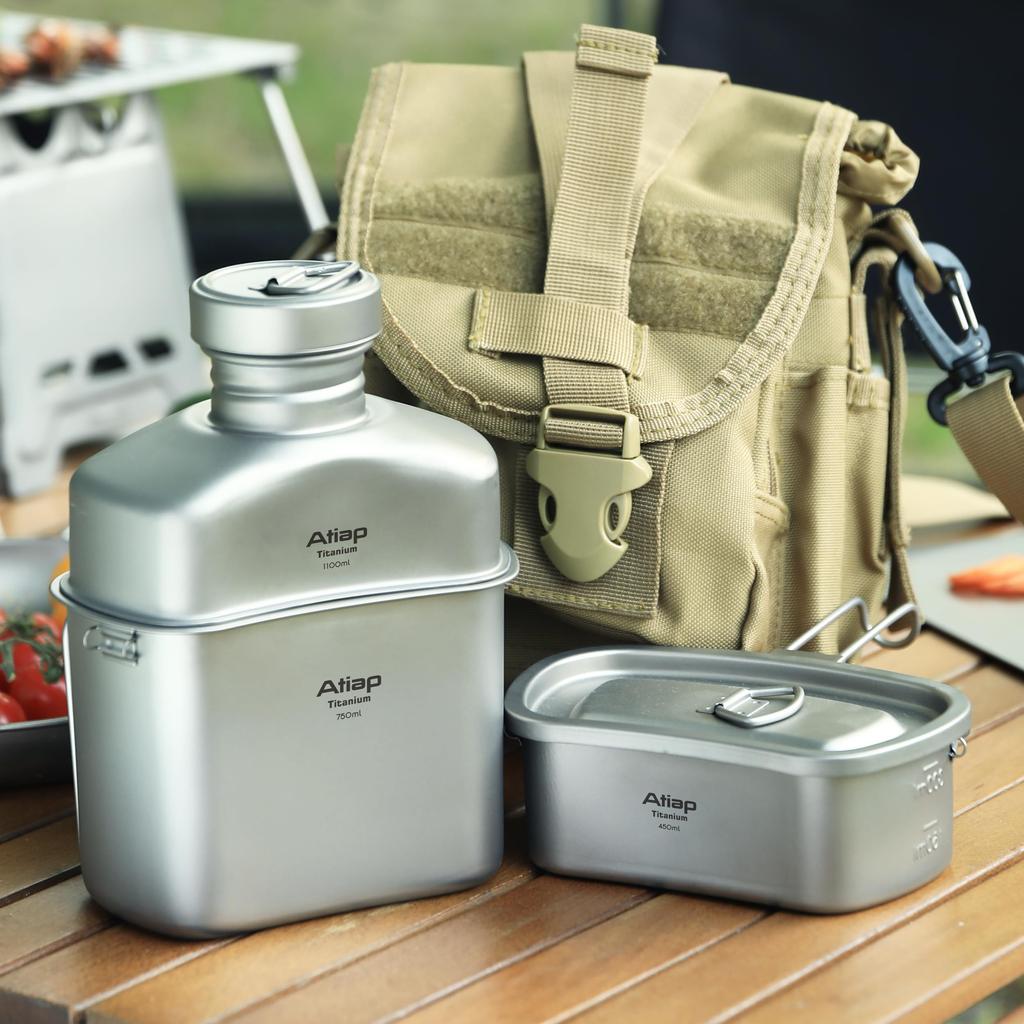 Titanium Canteen Mess Kit with Water Bottle Ultralight Portable 1100ML Pot with 750ML and 400ML Stackable Cups for Outdoor Camp Pot,