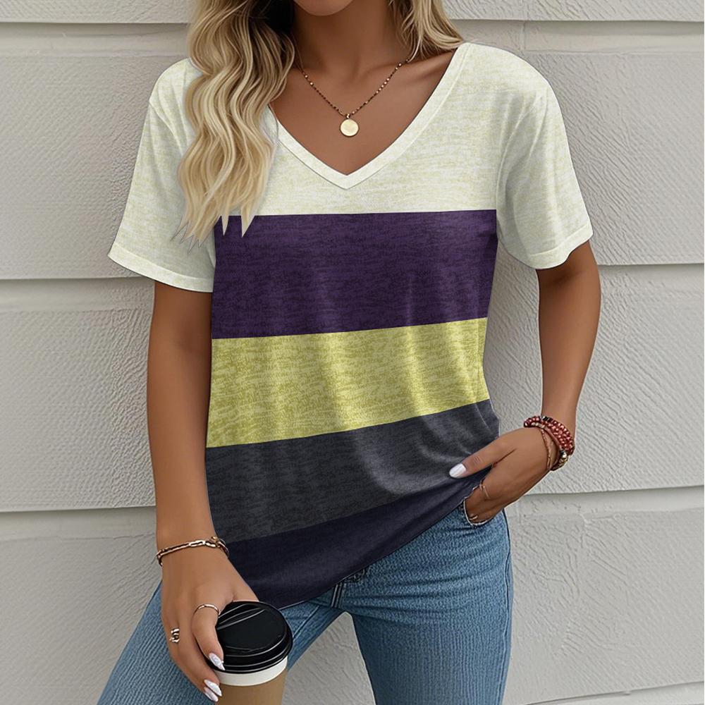 Summer Women's T-Shirt Striped Printing Outdoor Retro Fashion Casual Oversized V-Neck Y2k Short-Sleeved Women's Clothing