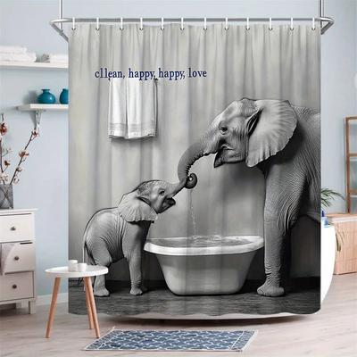 1Pc & Adult Elephant With Bathtub Shower Curtain - Black-And-White Photography Design, Minimalist Bathroom Decor, Durable Polyes