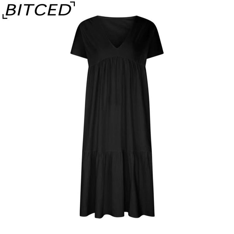 BITCED Women's Fashion Summer Spring Solid Color Print Short Sleeve V-Neck High Waist Casual Dresses