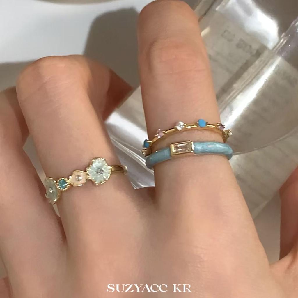 Blue Dripping Oil Zircon Flower Opening Ring Women's Light Luxury High-end Temperament White Elegant Versatile Ring Ring