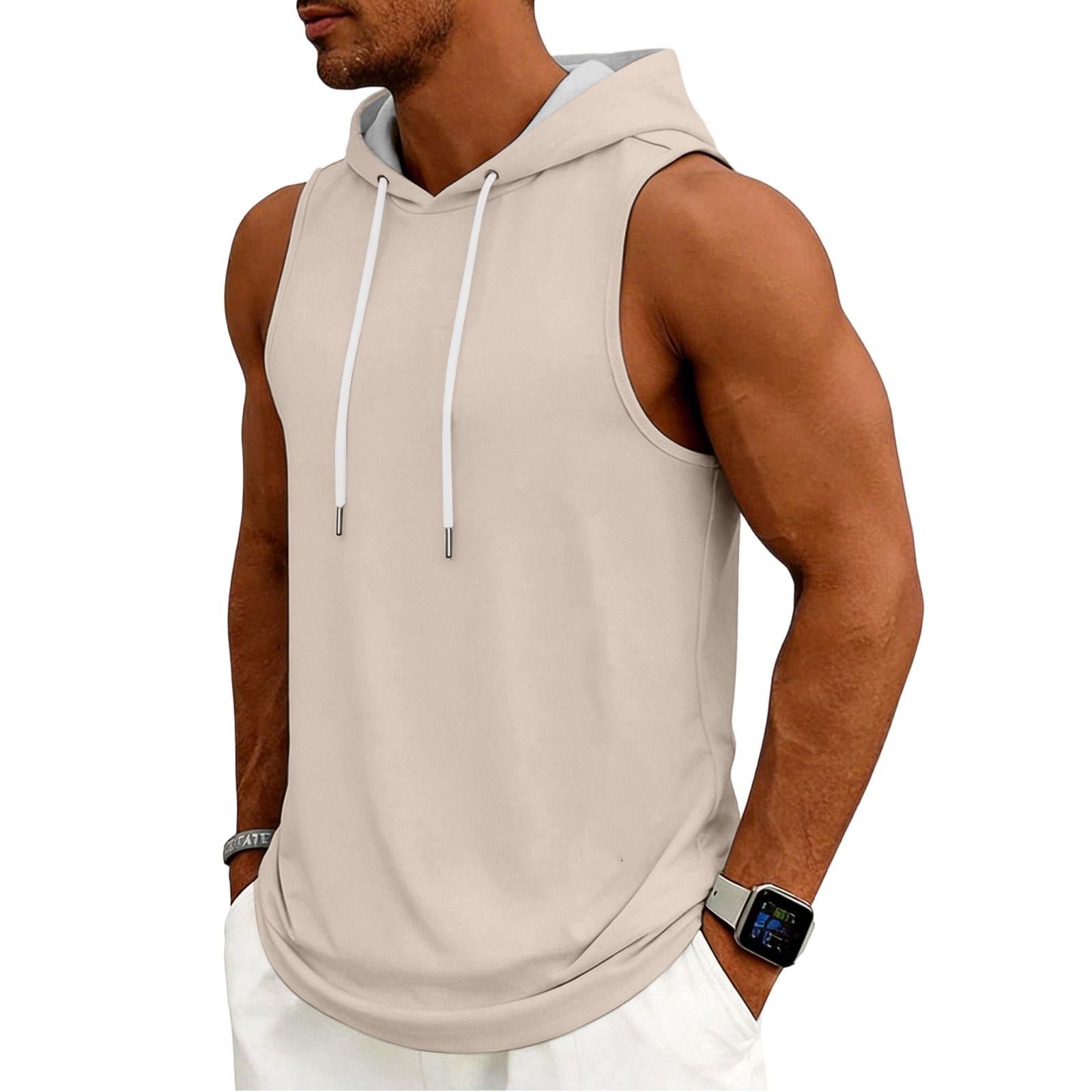 

Men s Tank Top Gym Sleeveless Hoodie Shirt Washed Sports Muscle Shirts Fitness Vest With Hood L бежевый