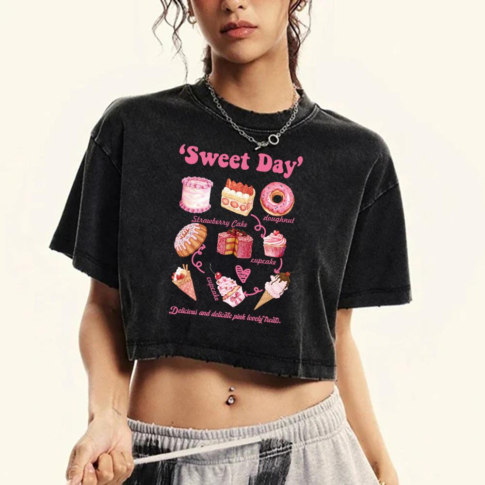 

Sweet Day Cake Dessert Printed Female Washed Tee Shirt Cotton Street Retro T Shirts Soft Summer Clothes M