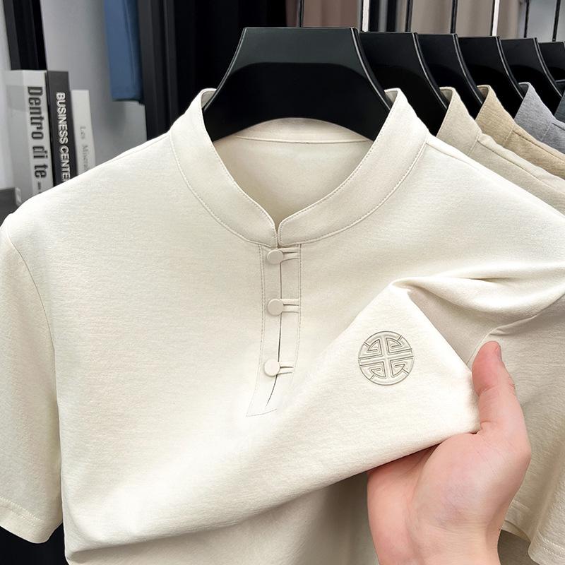 

Men s Solid Color Stand Collar T-Shirt: Chinese-Style, Loose-Fit, Short-Sleeve, Versatile for Middle-Aged & Elderly M
