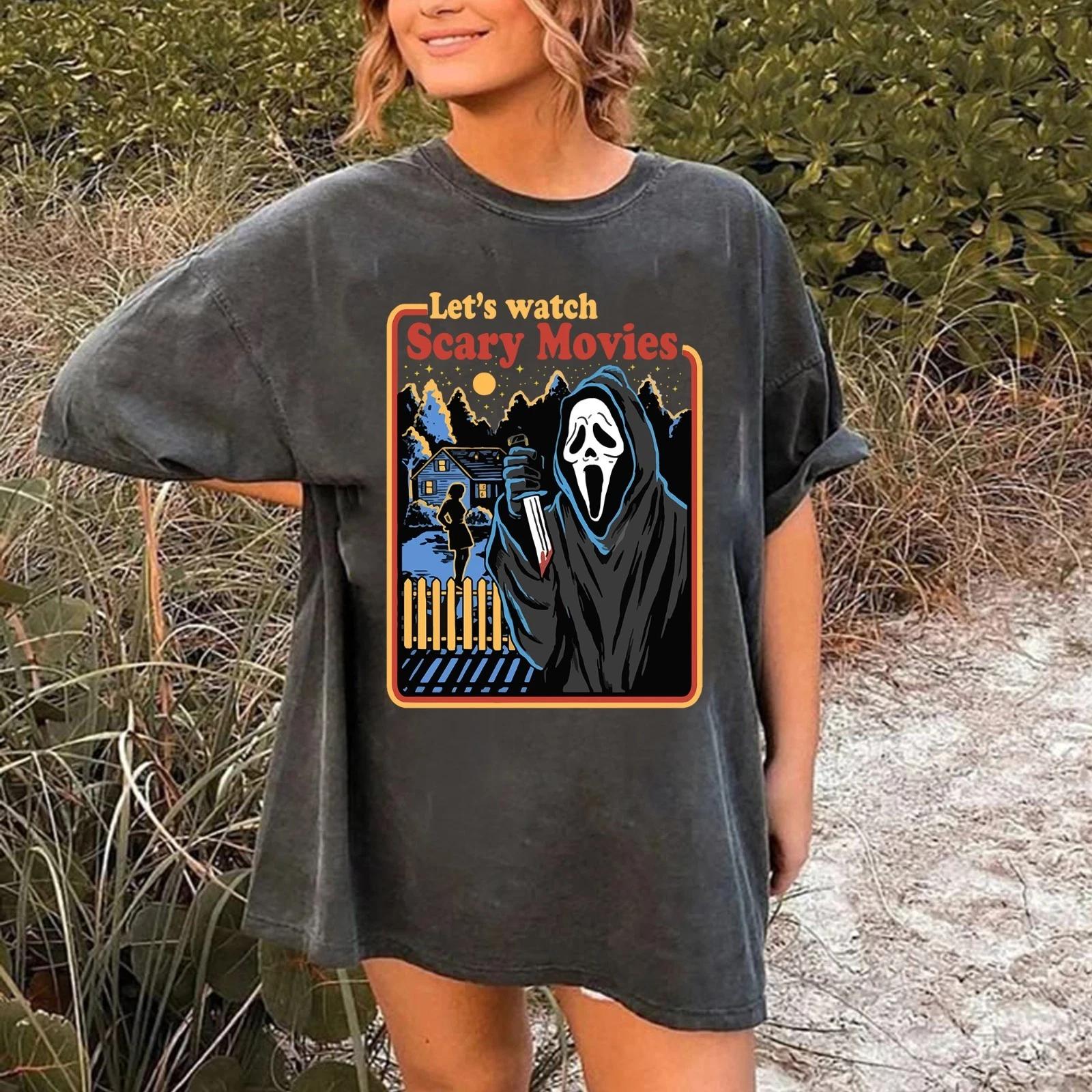 

Retro Let s Watch Scary Movie Tee, Vintage Ghost Face Scream Tee, 30 Anniversary L