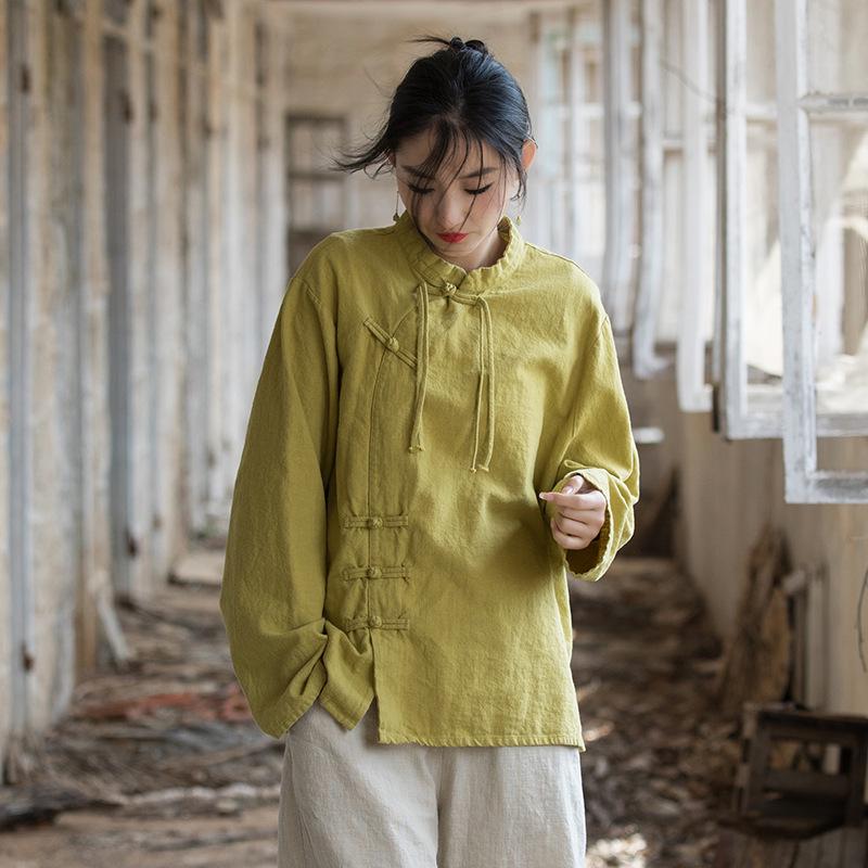 Spring Style Women's Ramie Cotton Long Sleeve Top with Handmade Frog Buttons