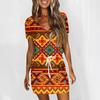 Women's Fashion Casual V-Neck Short Sleeve Drawstring Sequin Printed Dresses