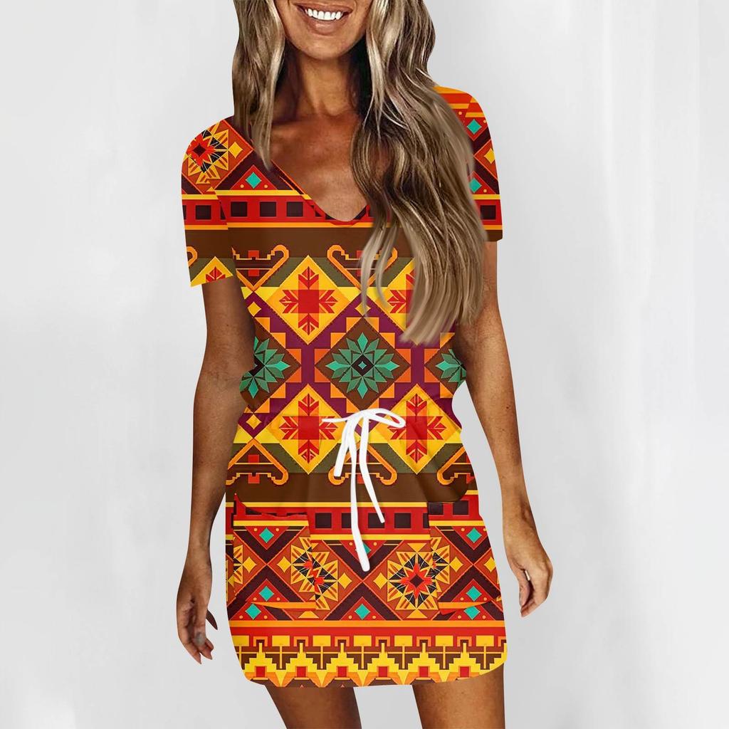 Women's Fashion Casual V-Neck Short Sleeve Drawstring Sequin Printed Dresses