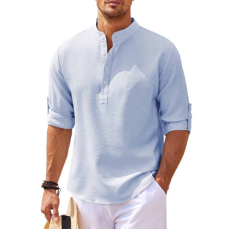Men's long-sleeved shirt stand-up collar half-open button-up shirt pineapple plaid shirt men's casual shirt top