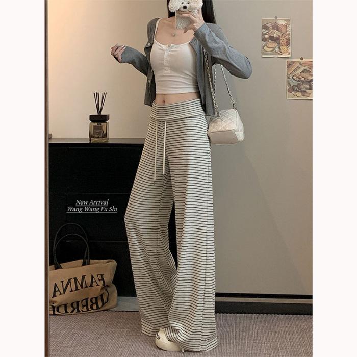 Autumn 2026 Women's Striped Drawstring Casual Pants - Floor-Length, Loose, Slimming Style