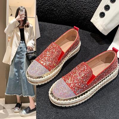 Stora storlekar 35-43 Skor för Kvinnor Höst Glänsande Strass Ballerinas Loafers Slip-on Tjock Sula Casual Mode Sneakers Sportskor