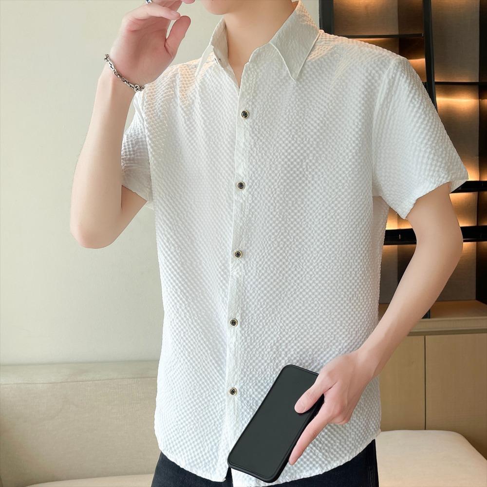 Men's Summer Short-sleeved Shirt, Elastic Casual Checked Shirt