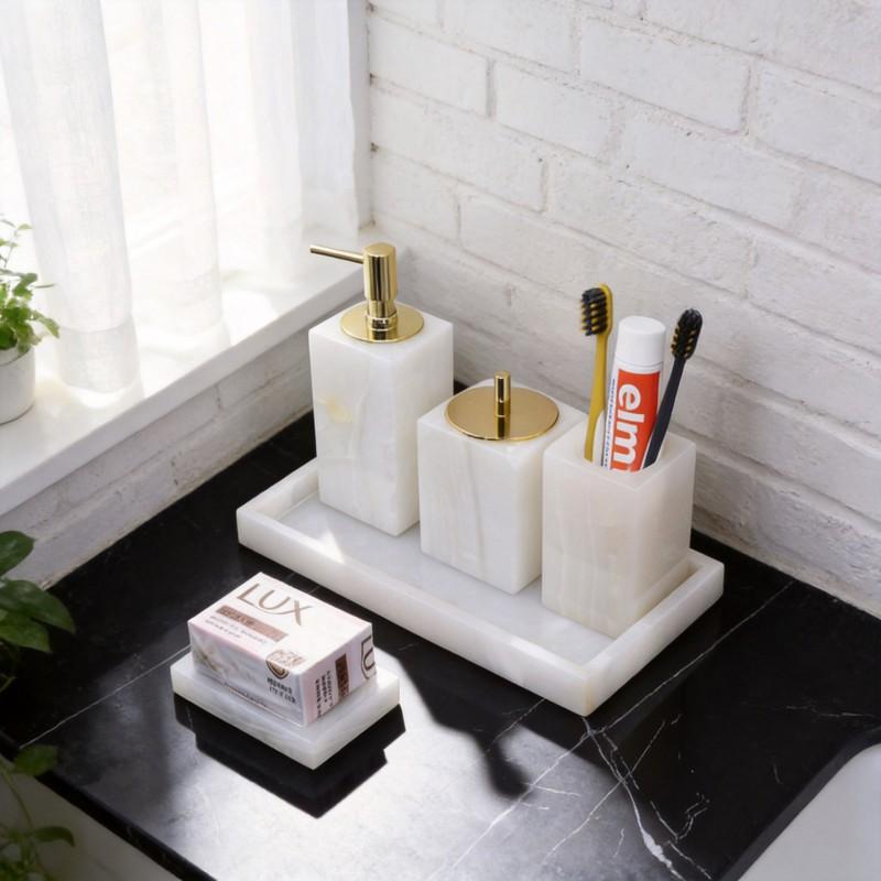 Ensemble de salle de bain en marbre Station de lavage de luxe à la française Ensemble de 5 pièces avec porte-savon Distributeur Plateau Pot à coton