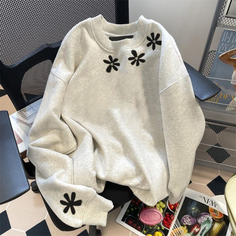 Heavy Cotton Floral Round Neck Sweatshirt for Women Autumn and Winter 2025 New Loose Slim Long-sleeved Inner Layering Top
