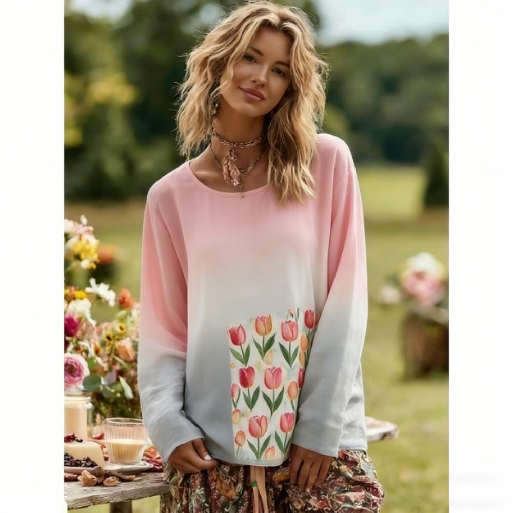 Europe America Fashion Floral Gradient Color Print Pullover Comfortable Women Long Sleeve T-shirt Outdoor Oversized Tees Top