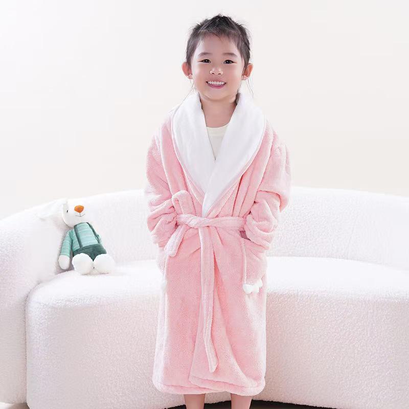 

Children s Thickened Warm Fleece Colorblock Bathrobe - Long Sleeve Pajamas for Autumn/Winter S (Height 100-120cm) рожевий