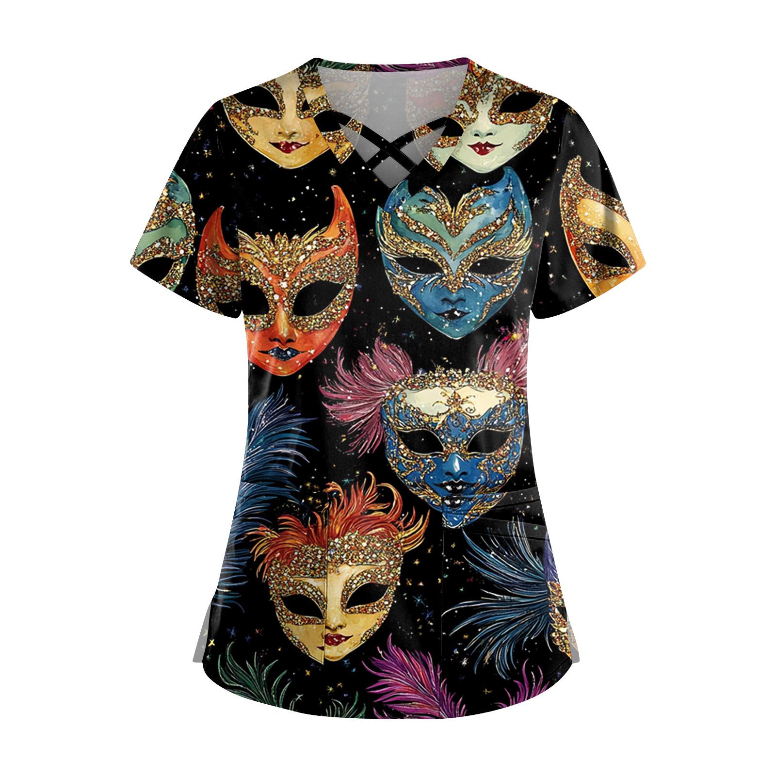 

Женский топ с коротким рукавом, ступенчатым V-образным вырезом, принтом и карманом, быстросохнущий XL тёмно-синий