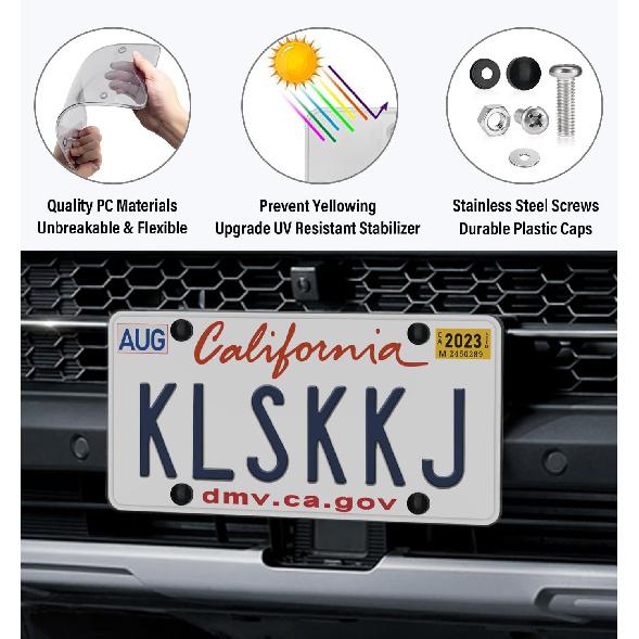 2 Pack License Plate Covers, Clear Flat License Plate Protector Unbreakable Plastic Shields Tag Holder Fits Standard US Plate With Screws Caps (Gray)