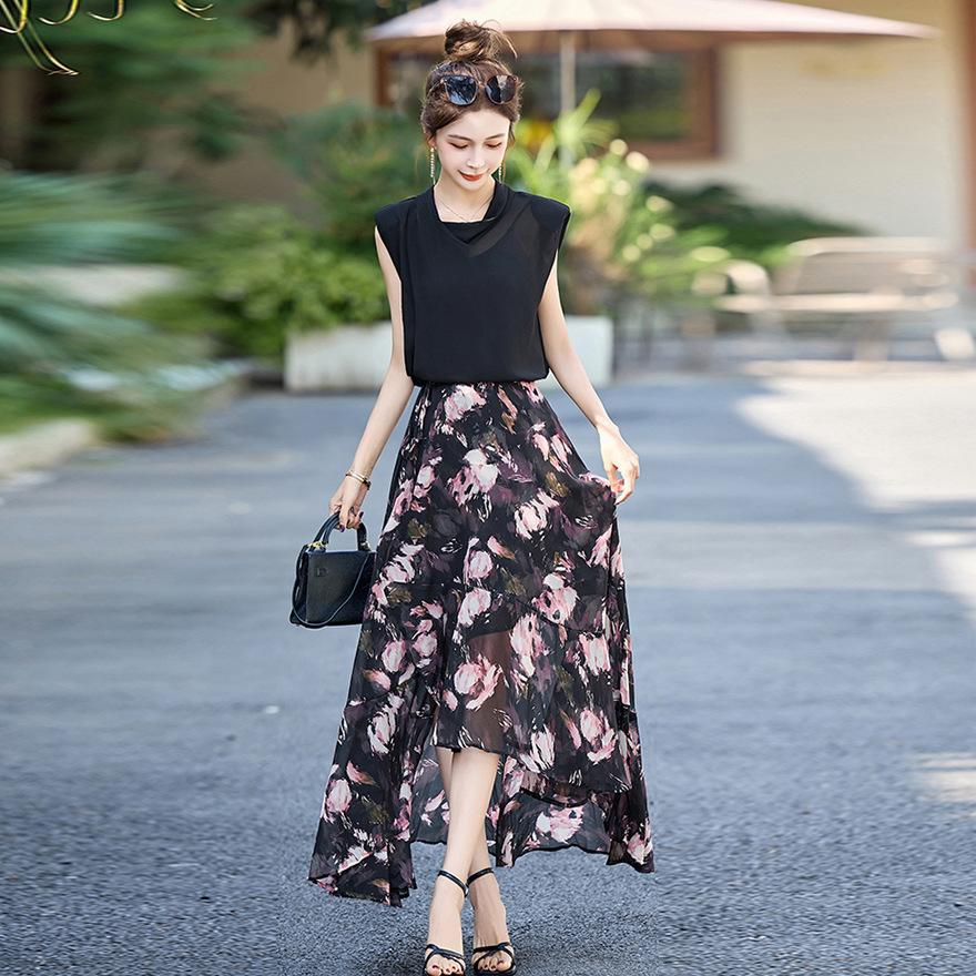 Printed dress two-piece set summer new design temperament elegant waist thin dress set