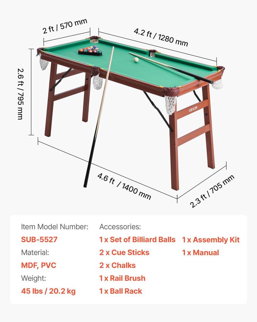 Folding Pool Table, 140cm Portable Billiards Tables, Foldable Space-Saving Entertainment Game Set Includes Ball, Cue, Rack, Chalk, Brush, Brown with