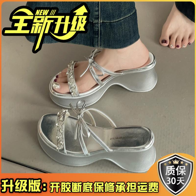 French muffin bottom bow thick bottom one-word slippers girls summer fashion with skirt rhinestone slope heel cool slippers