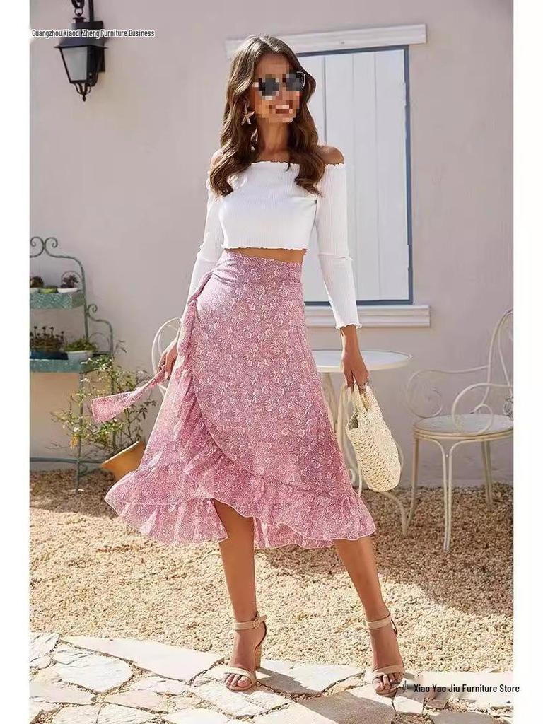 Women's Chiffon Floral Print Irregular Tie-Up Slit Half-Skirt