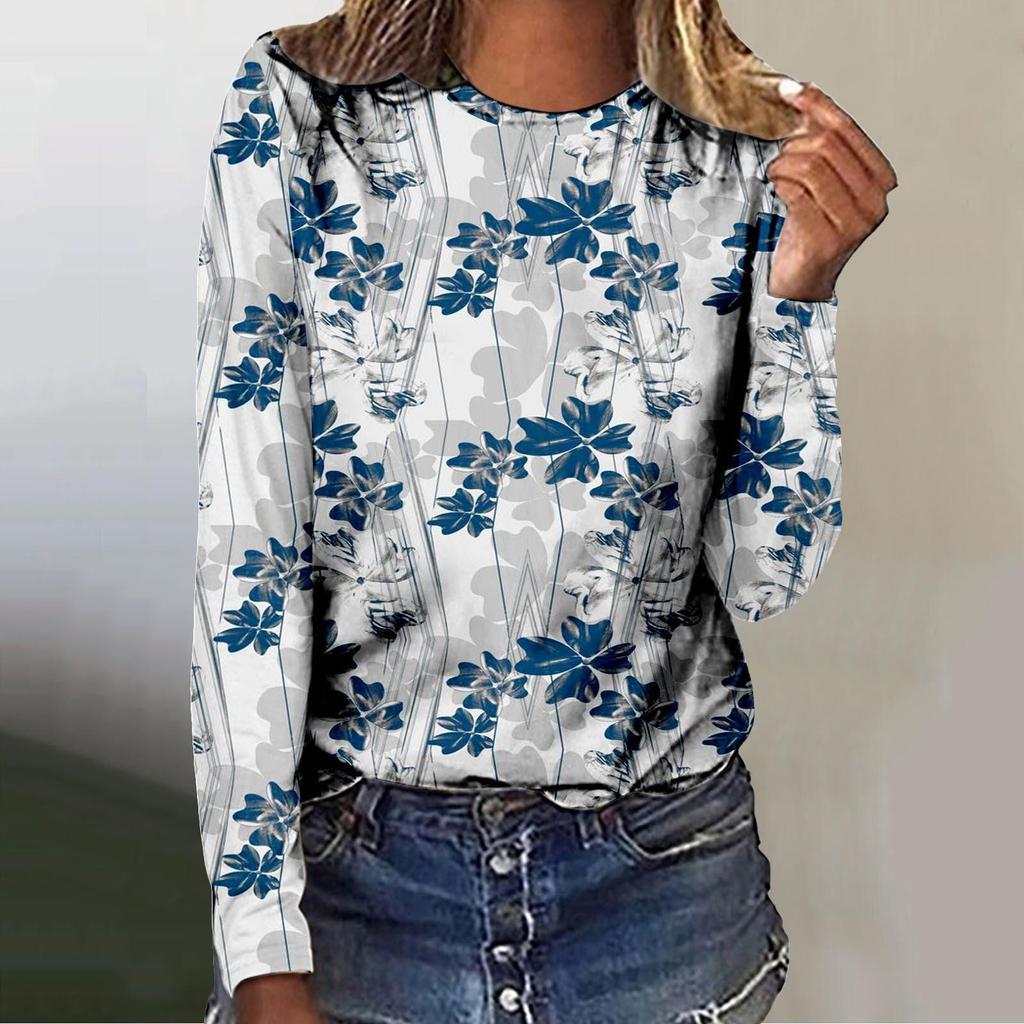 Spring and Autumn Round Neck 3D Flower Pattern Printed Top Fashionable Casual Long Sleeved Women's T-shirts