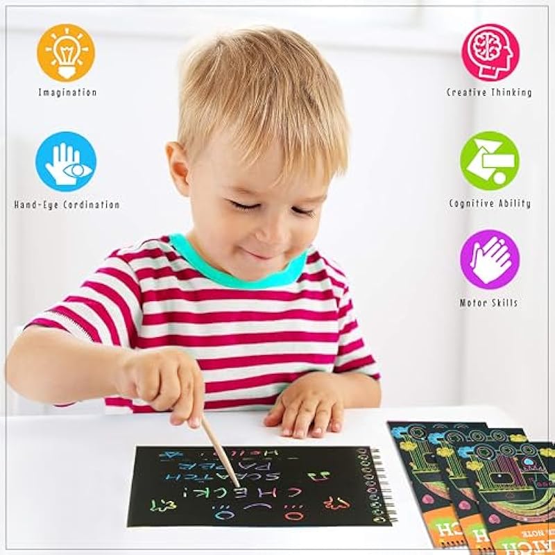Glun Drawing Scratch Notepad With Magical Rainbow Color, 2 Pieces Notepad With Wooden Stick, Educational For Kids 0