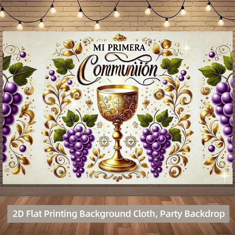 2D Mi Primera Comunion Photography Background, First Communion Golden Chalice and Grape Decor Banner