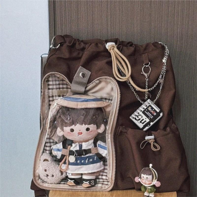 Cute Bow Backpack Ladies Drawstring Harajuku Aesthetic Ita Bag Female Wide Strap 20cm Doll Crossbody Large Capacity Cotton Bag