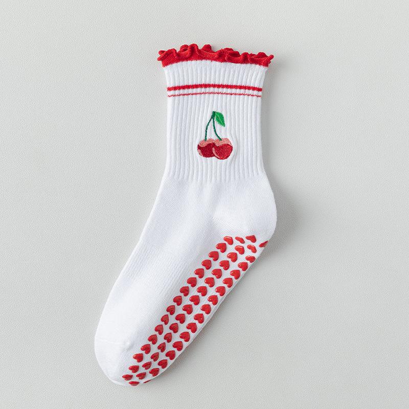 Women s Mid-Calf Non-Slip Yoga and Pilates Socks with Heart and Cherry Pattern One Size