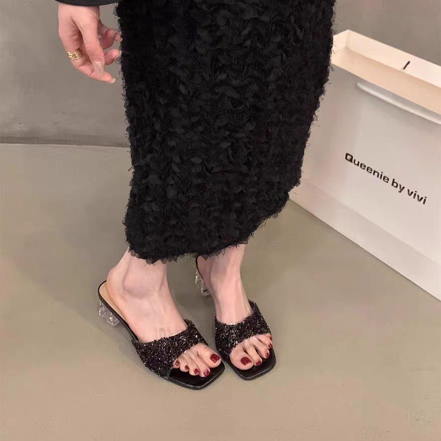 Transparent crystal heel French small cool slippers fairy shoes 2025 new summer outer wear temperament medium and high heel sandals