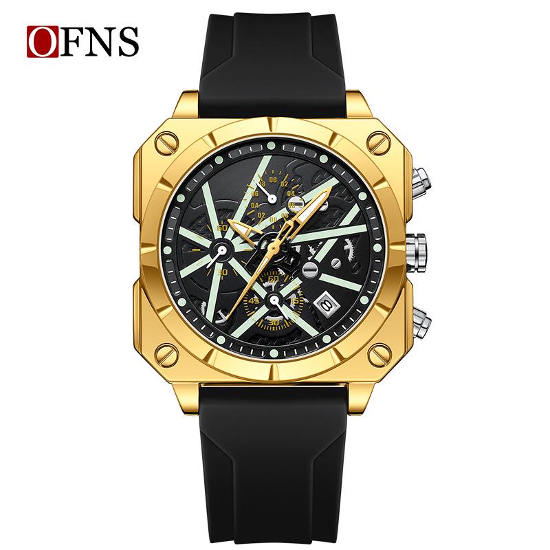 OFNS Men's Six-Needle Chronograph Quartz Watch with Luminous Bar Markers, Square Face, Waterproof, and Calendar.