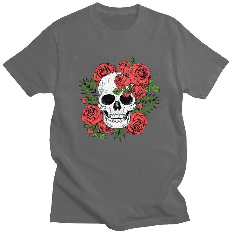 Custom Skull Roses Flowers T Shirts Men Short Sleeve Tshirts Streetwear Tee Tops 100 Cotton Slim Fit Tshirts Merch