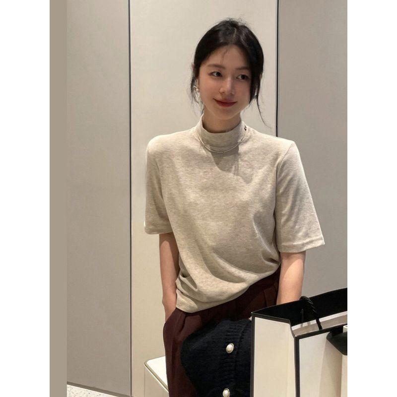 Kumikumi Basic Model French style Half-high Collar Half Sleeve T-shirt Women clothes Autumn Slimming Versatile Solid Inner wear Top