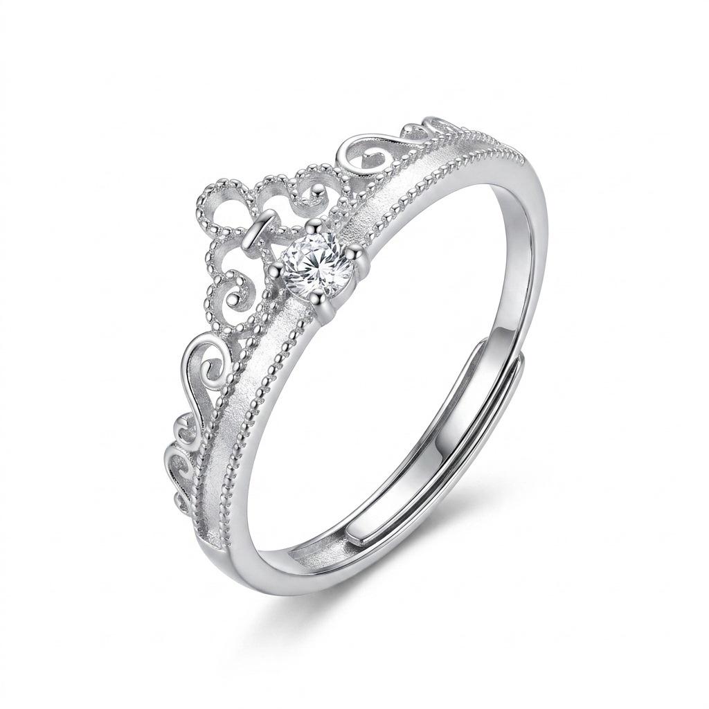 Anello S925 Argento a Forma di Cuore con Corona e Diamante - Regolabile Romantico Accessorio di Lusso