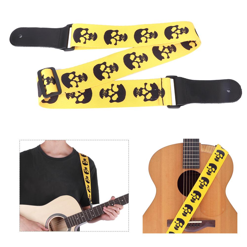 Gitarrengurt Akustik E-Gitarre Bass Ukulele Gurt Verstellbar Totenkopfmuster Lederkopf Gelb
