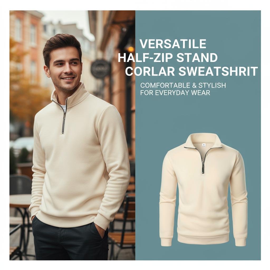 Men's Quarter Zip Pullover Sweater - Solid Color Long Sleeve Casual Top Slim Fit Half Zip Sweatshirt for Autumn & Winter Outwear