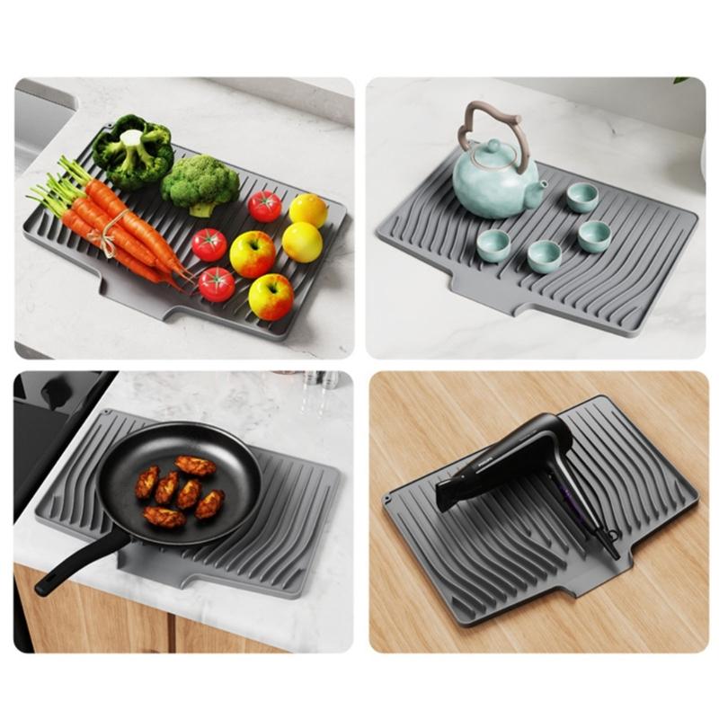 Sloped Silicone Counter Mats For Dishes Utensils Heat Resistant Drying Pad With Built In Water Drainage