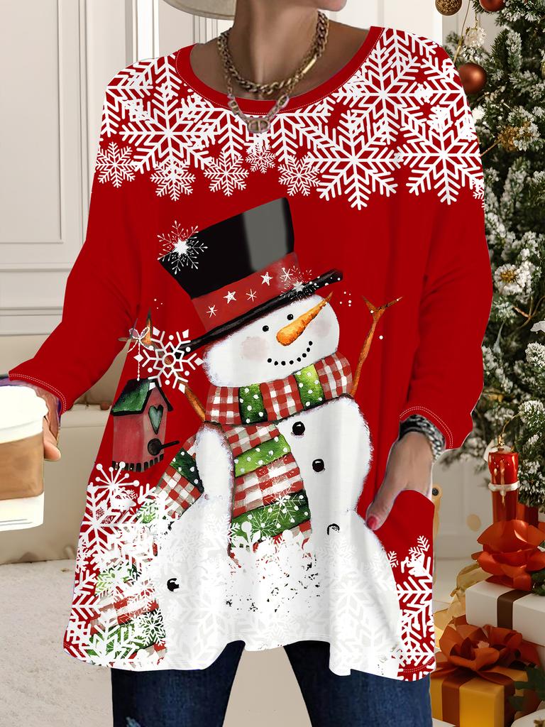 2025 Autumn Winter New Plus Size Women's Tops, Christmas 3D Print Fashion Crew Neck Long Sleeve T-Shirts