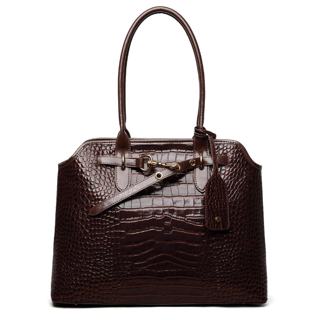 Elegant Brown Croco-Embossed Cowhide Tote Bag – Spacious & Stylish for Travel and Daily Use