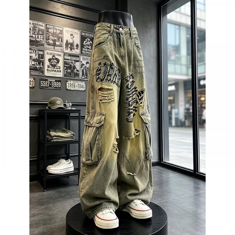 Mens Hip Hop Baggy Jeans Distressed Washed Denim Pants Streetwear Wide Leg Trousers