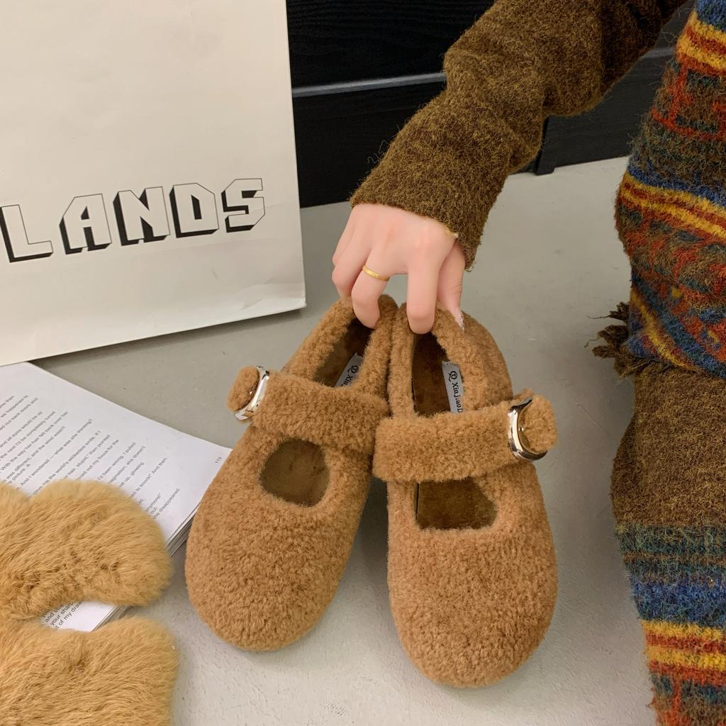 Flat Bottom Gentle and Comfortable Fluffy Shoes Women Wear 2025 Autumn and Winter New Fairy Wind Velvet Word Mary Jane Cotton Shoes