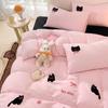 Korean Style Pink Bedding Set Black Cat Embroidery Washed Cotton  Duvet Cover Cute Cardboard  Bed linen Comforter Sets