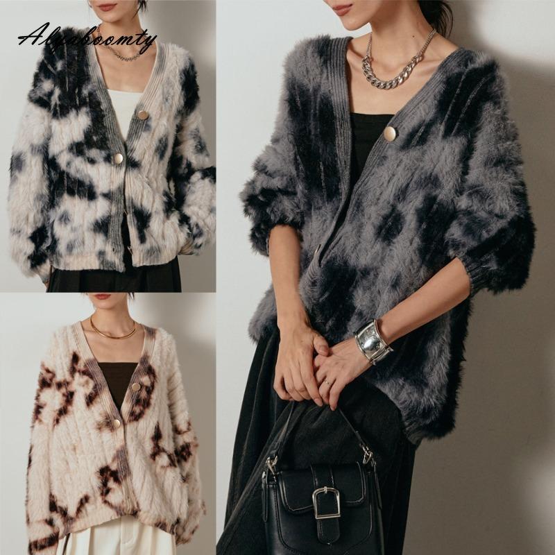 Korean Fashion Autumn Winter Women Cardigan V Neck Fluffy Knitted Outerwear Contrast Color Knitting Warm Soft Overcoat