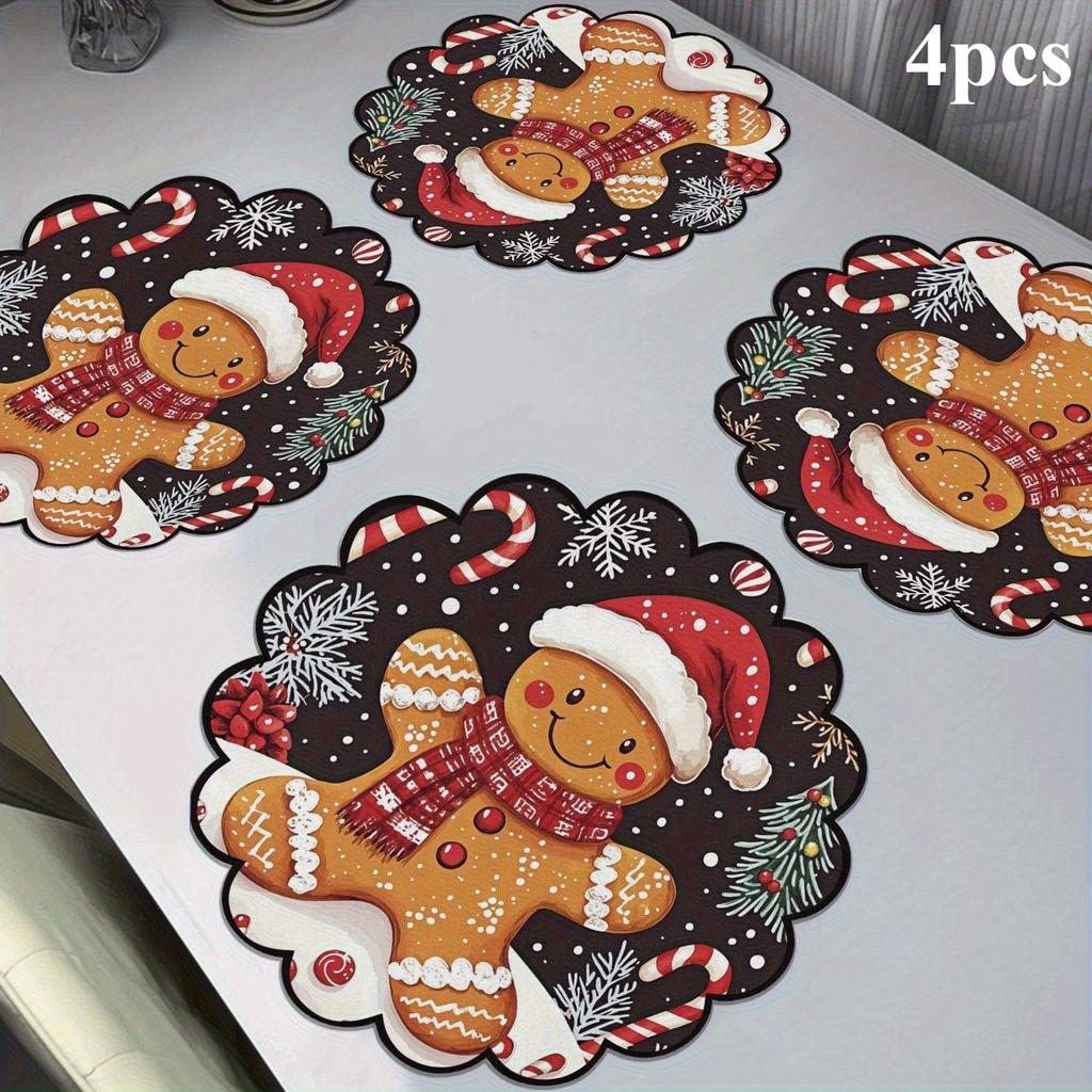 4pcs Winter Gingerbread Pattern Man Placemats Round Non-Slip Table Mats Heat-Resistant Winter Dining Christmas Party Decoration