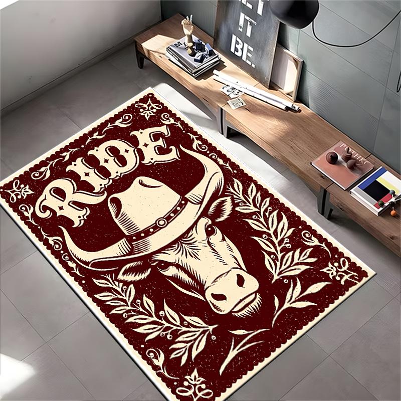 Cowboy-Themed Carpet with Bull Print, "Ride" Text, Rustic Design Suitable for use as an anti-slip for living room bedroom sofas