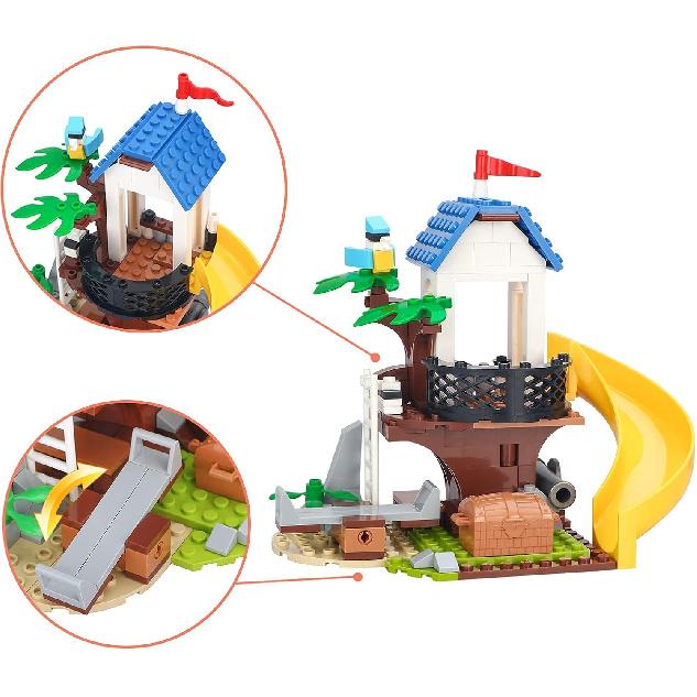 3in1 Pirate Ship Building Set with Treasure Island, Toy Pirates Island Building Kit, Outpost with Slide and Seesaw, Creative Playset Pirates Themed